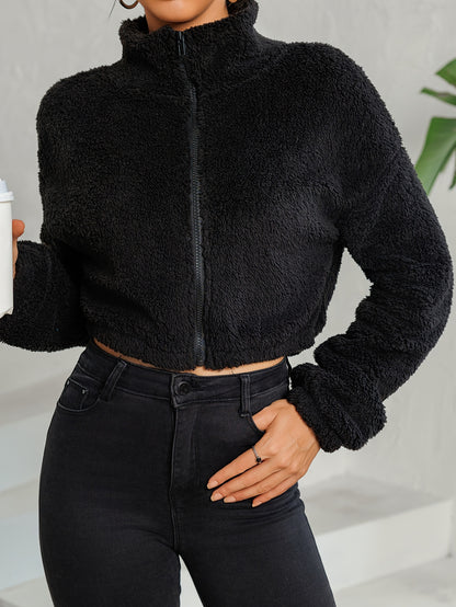 Drop Shoulder Zip Up Jacket, Casual Long Sleeve Fuzzy Crop Jacket For Spring & Fall, Women's Clothing