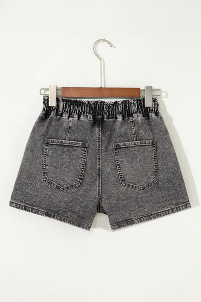 High Drawstring Elastic Waistband Casual Denim Shorts with Pockets