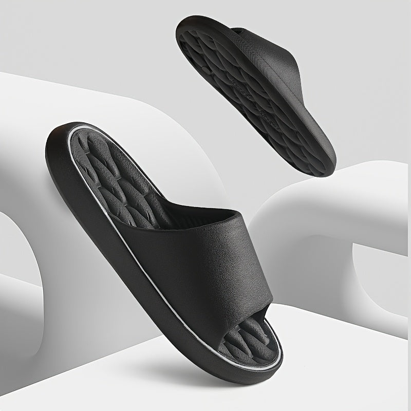 [Comfortable Slides] Comfortable Unisex EVA Slides | Non-Slip Indoor/Outdoor Slippers for Men and Women, Black with White Trim, Textured Sole for Enhanced Grip, Perfect for Home, Bathroom, or Casual Use, House Slippers