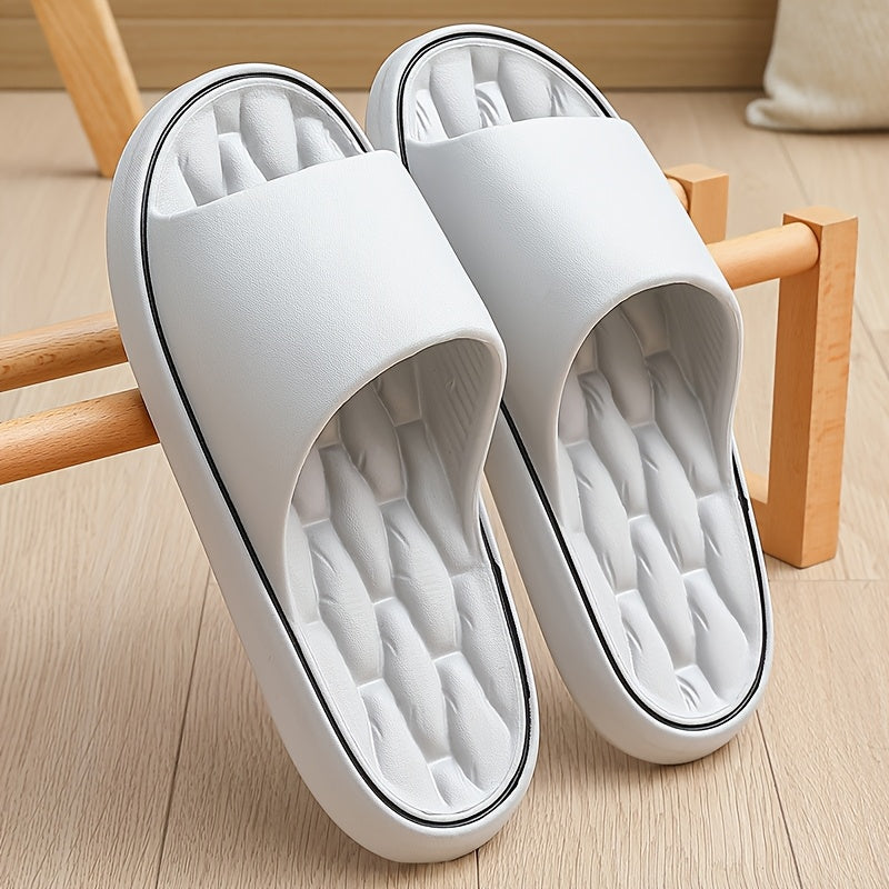 [Comfortable Slides] Comfortable Unisex EVA Slides | Non-Slip Indoor/Outdoor Slippers for Men and Women, Black with White Trim, Textured Sole for Enhanced Grip, Perfect for Home, Bathroom, or Casual Use, House Slippers