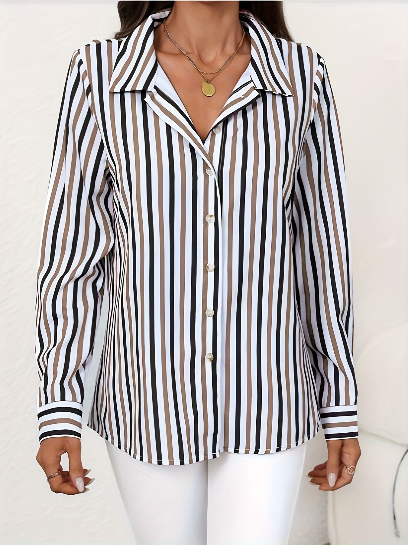 Women's Black & White Striped Long Sleeve Single-Breasted Casual Shirt - Elegant Middle Eastern-Inspired Button-Up Blouse with Classic Collar, Machine Washable Non-See-Through Fabric for Spring Summer Fall, Long Sleeve Blouse