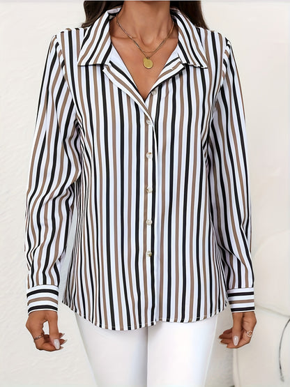 Women's Black & White Striped Long Sleeve Single-Breasted Casual Shirt - Elegant Middle Eastern-Inspired Button-Up Blouse with Classic Collar, Machine Washable Non-See-Through Fabric for Spring Summer Fall, Long Sleeve Blouse