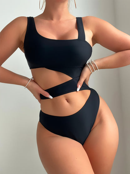 Plain Black Cut Out One-piece Swimsuit, Asymmetric High Stretch Monokini Bathing Suits, Women's Swimwear & Clothing