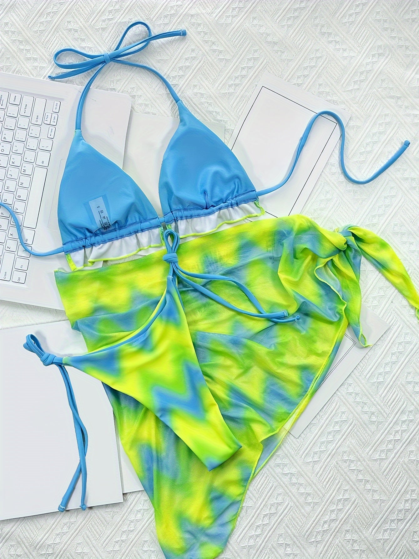 Vcay Swimwear Set, Sexy Tie-Dye Bikini with Frill Detail, High Stretch Fabric, Removable Padding, Halter Neck, Wrap Dress Style, All-Season Swimwear, Beach Attire|Tiedye Bikini|Removable Padding
