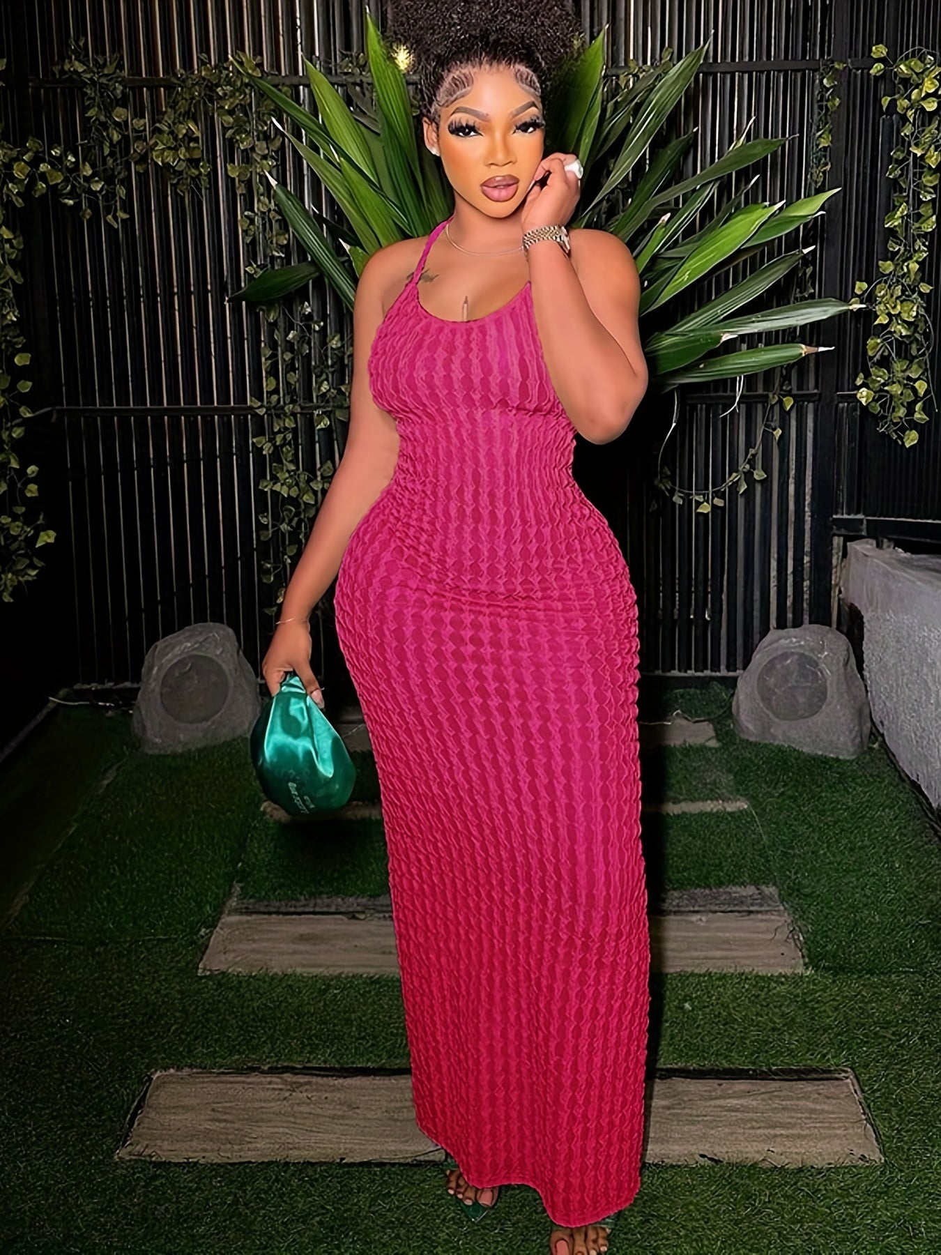 Solid Spaghetti Popcorn Dress, Sexy Backless Dress For Spring & Summer, Women's Clothing