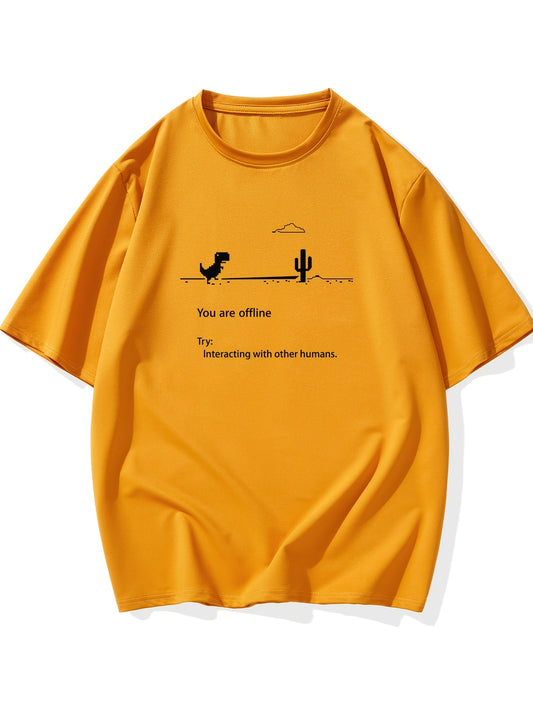 Men's Plus Size 'You are offline...' Print Stretch T-shirt, Oversized Short Sleeve Tops For Spring Summer, Causal Loose Clothing For Big And Tall Guys