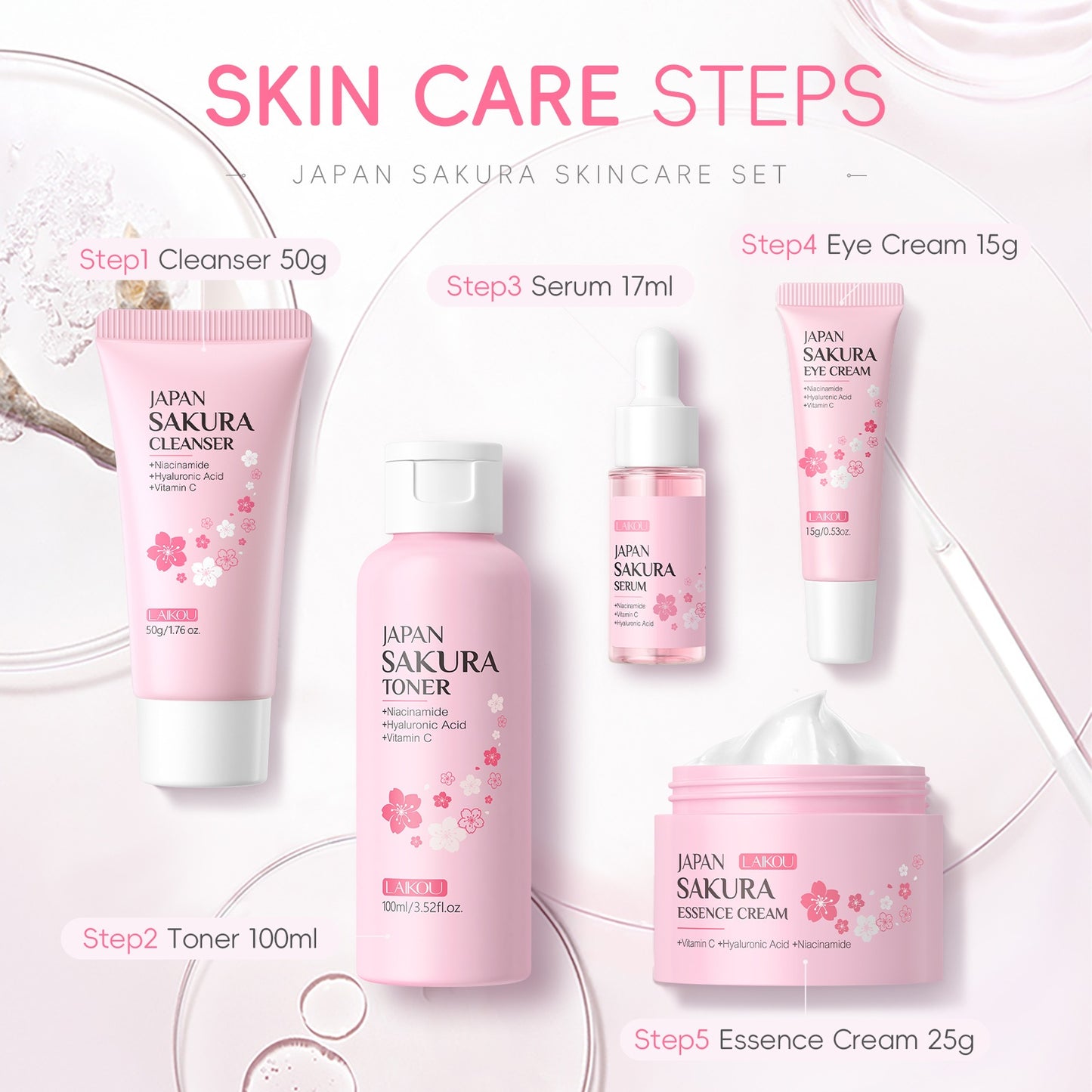LAIKOU Cherry Blossom Five-Piece Set Gift Box Moisturizing & Hydrating Skincare Essence Cream, Face Care Kit, Gentle Cleanser, Toner, Eye Cream, Mask, Body Wash, Body Scrub, Body Lotion, Hand Cream, Lip Balm, Suitable for All