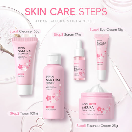 LAIKOU Cherry Blossom Five-Piece Set Gift Box Moisturizing & Hydrating Skincare Essence Cream, Face Care Kit, Gentle Cleanser, Toner, Eye Cream, Mask, Body Wash, Body Scrub, Body Lotion, Hand Cream, Lip Balm, Suitable for All