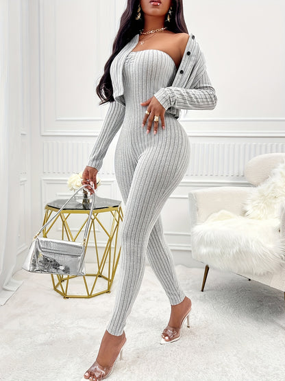 Two-Piece Ribbed Outfit Set - Long Sleeve Button Front Crop Cardigan & Skinny Strapless Jumpsuit - Soft, Stretchy, and Cozy Women's Clothing for Everyday Wear