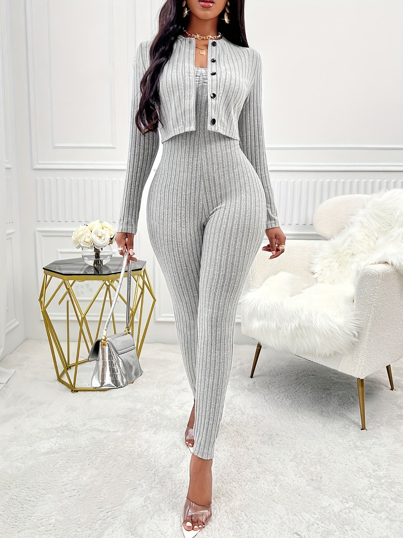 Two-Piece Ribbed Outfit Set - Long Sleeve Button Front Crop Cardigan & Skinny Strapless Jumpsuit - Soft, Stretchy, and Cozy Women's Clothing for Everyday Wear