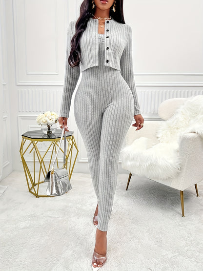 Two-Piece Ribbed Outfit Set - Long Sleeve Button Front Crop Cardigan & Skinny Strapless Jumpsuit - Soft, Stretchy, and Cozy Women's Clothing for Everyday Wear