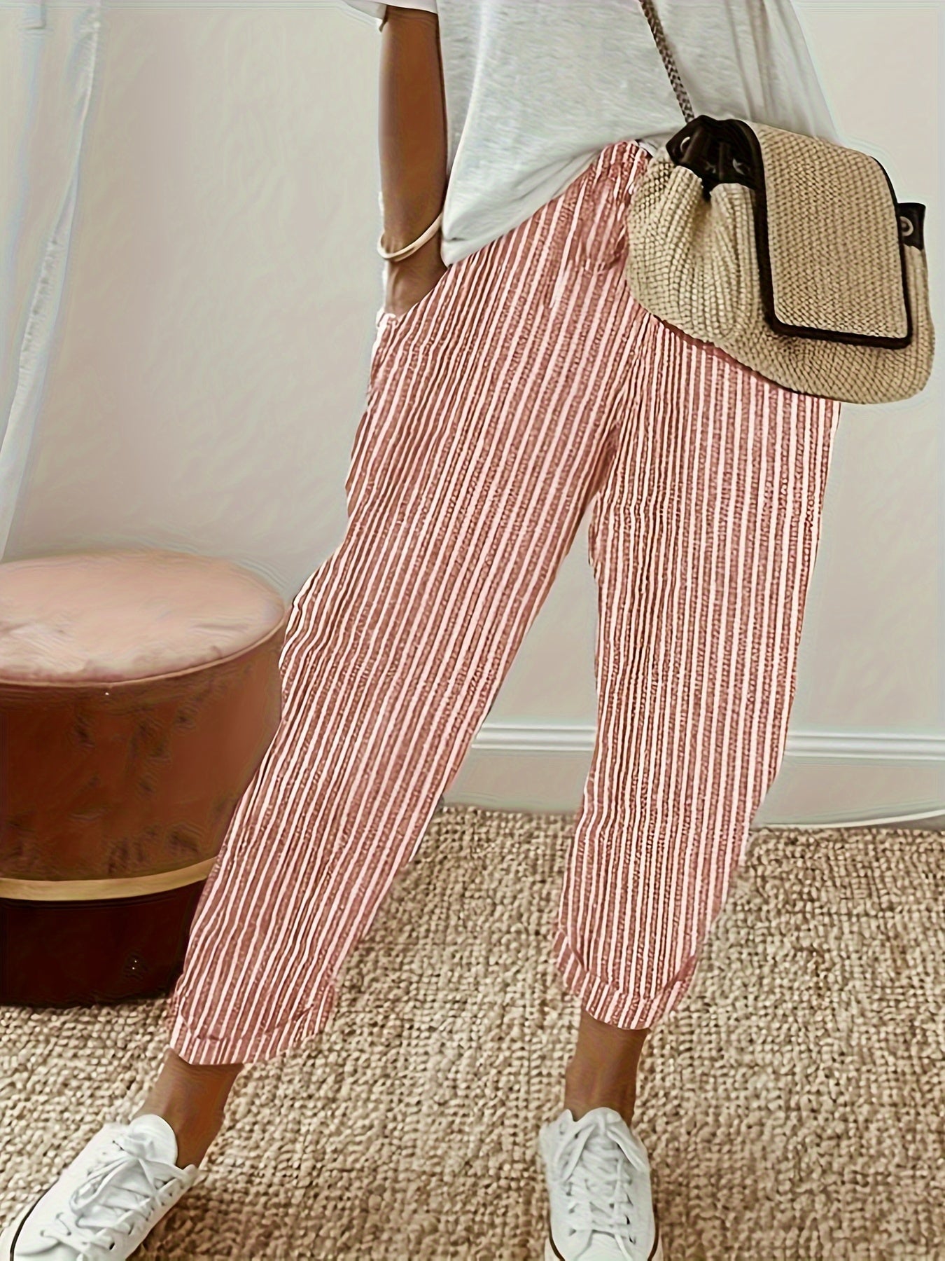 Striped Slant Pocket Drawstring Pants, Casual Pants For Spring & Summer, Women's Clothing