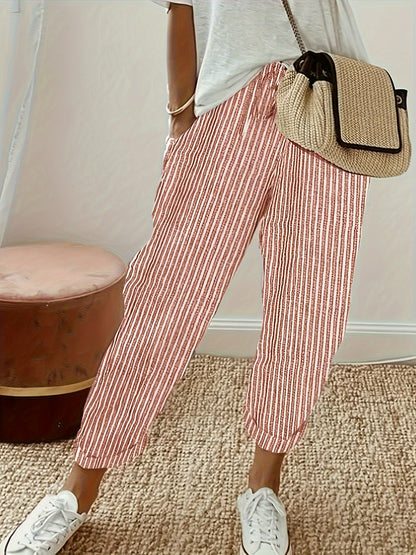 Striped Slant Pocket Drawstring Pants, Casual Pants For Spring & Summer, Women's Clothing