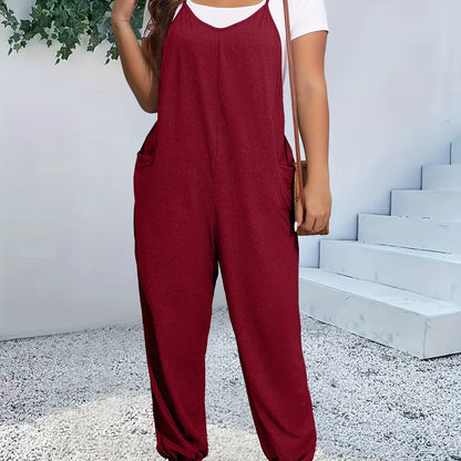 Plus Size Chic Cami Jumpsuit - Comfort-Fit with Tapered Leg, V-Neck Design, and Convenient Pockets - Versatile for Casual and Everyday Wear