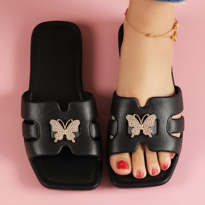 Womens Butterfly Accent Flat Slides - Lightweight Summer Sandals for Casual Outdoor Beach Wear - Comfortable, Breathable, Versatile Square Open Toe Design - Fashionable Slip-On Shoes
