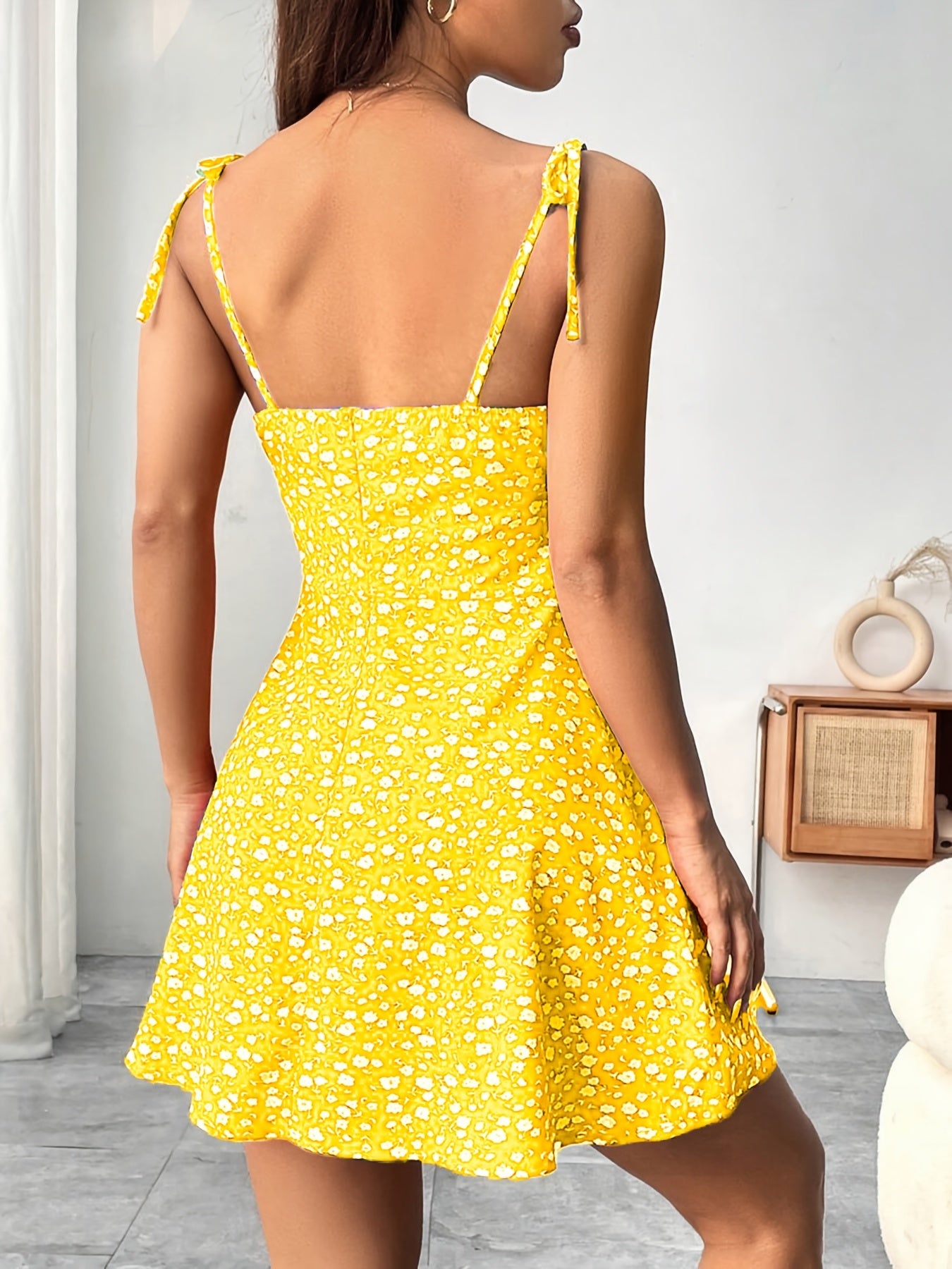 Elegant Floral Print Stretch Waist Cami Dress - Sleeveless Ruffled Hem Midi Dress for Women, Yellow & Pink Floral Pattern, Perfect for Casual Outings