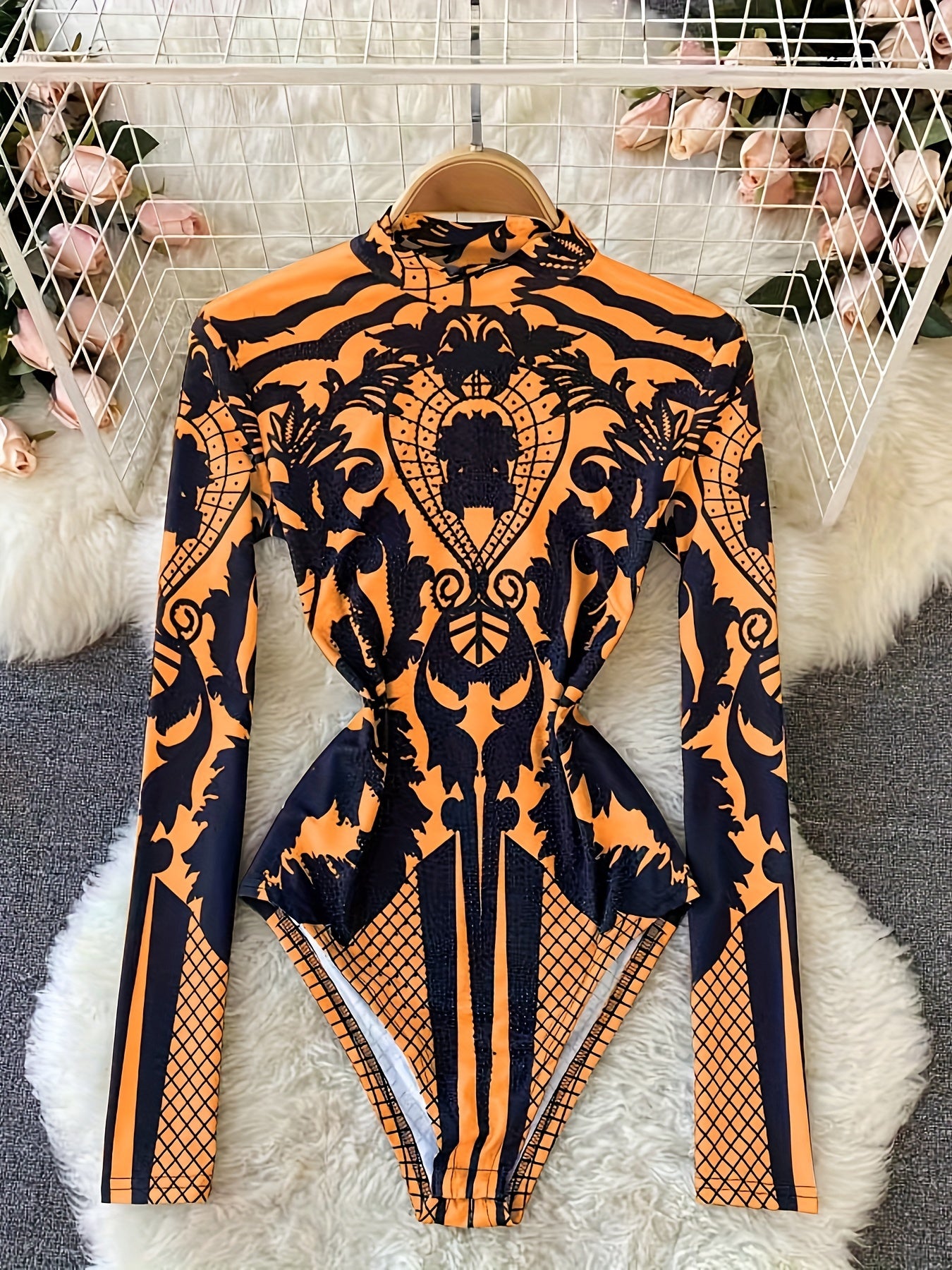 Women'S Tropical Print Bodysuit with Rhinestone Detail - Slim Fit, Stand Collar, Long Sleeve, All-Season Versatile Jumpsuit for Casual or Stylish Outfits, Stylish Outfit Bodysuit | Stand Collar Top | Polyester Fabric, Bodysui