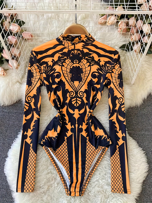 Women'S Tropical Print Bodysuit with Rhinestone Detail - Slim Fit, Stand Collar, Long Sleeve, All-Season Versatile Jumpsuit for Casual or Stylish Outfits, Stylish Outfit Bodysuit | Stand Collar Top | Polyester Fabric, Bodysui