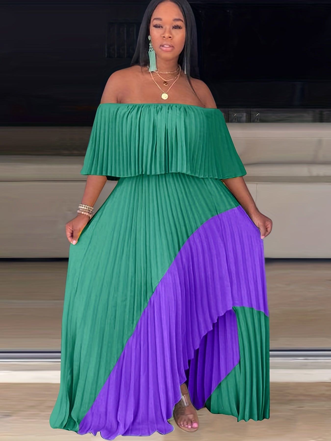 Flattering Pleated Off Shoulder Maxi Dress - Alluring Asymmetrical Hem for Glamorous Parties - Fashion-Forward Womens Formal Wear