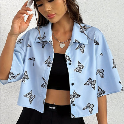 Elegant Spring-to-Fall Butterfly Print Blouse: Chic Contrast Collar, Durable & Easy-Care Top for Women