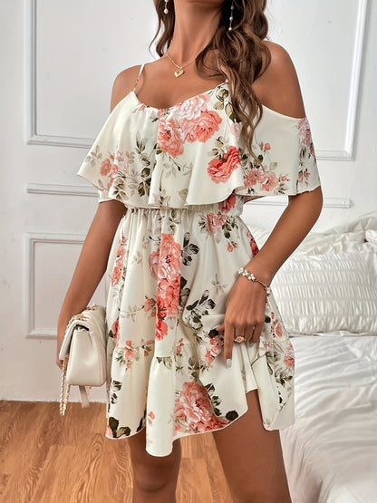 Floral Print Cold Shoulder Dress, Casual Ruffle Trim Dress For Spring & Summer, Women's Clothing