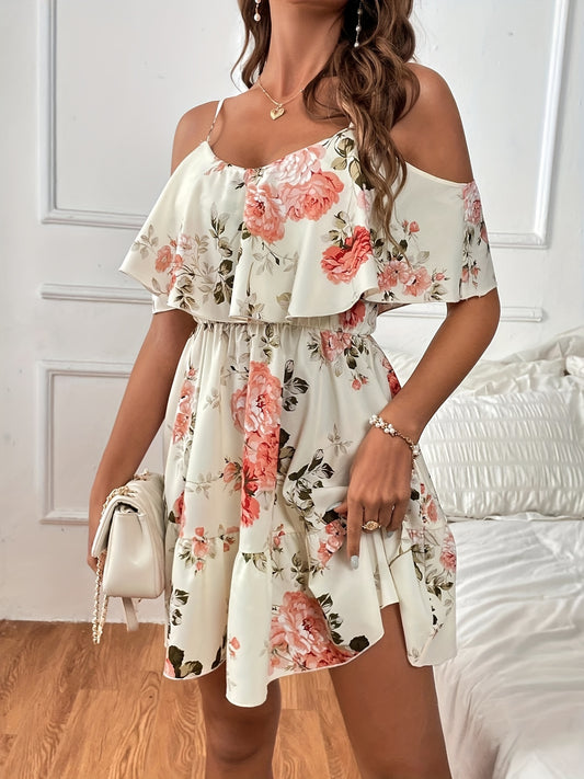 Floral Print Cold Shoulder Dress, Casual Ruffle Trim Dress For Spring & Summer, Women's Clothing