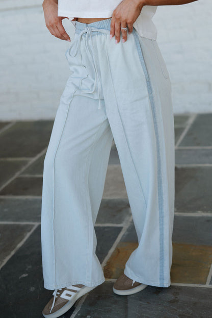 Beau Blue Light Wash Contrast Trim Center Seam Drawstring Elastic Waistband Wide Leg Denim Pants
