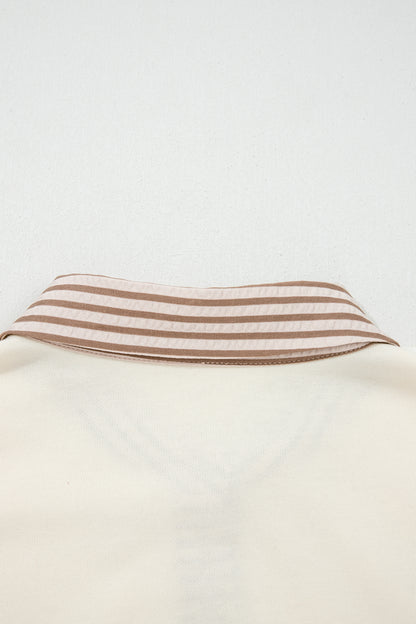 Khaki Stripe Plus Size Color Block Patchwork Half Button Long Sleeve Peplum Blouse