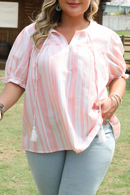 Pink Stripe Plus Size Tassel Tie Frilled Detail Short Sleeve Blouse