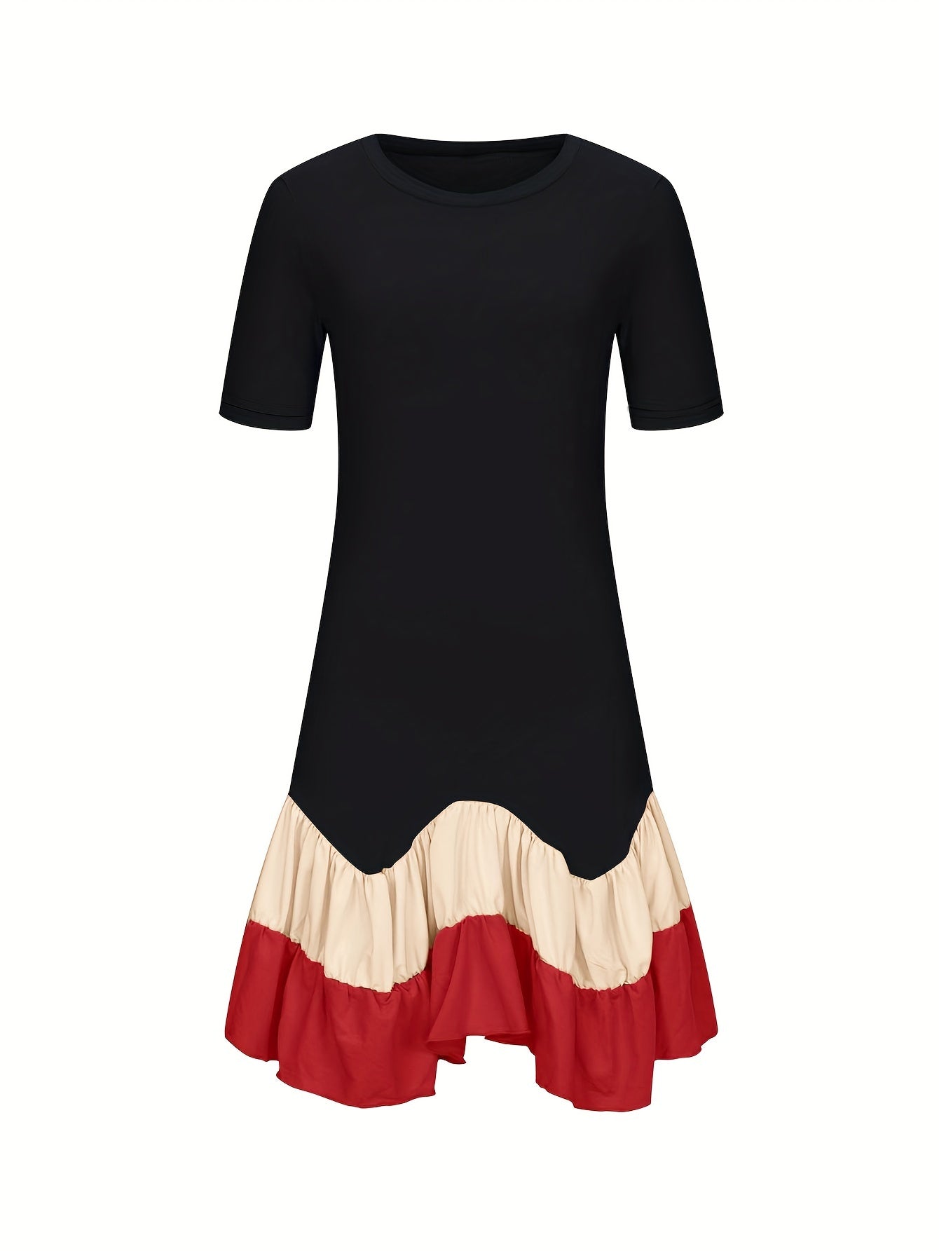 Women's Summer Color Block A-Line Dress - Black & Red Pleated Skirt, Breathable Short Sleeve, Machine Washable, Vacation & Casual Wear, Summer Fashion, Nontransparent Material