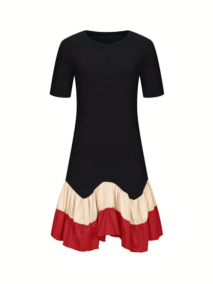 Women's Summer Color Block A-Line Dress - Black & Red Pleated Skirt, Breathable Short Sleeve, Machine Washable, Vacation & Casual Wear, Summer Fashion, Nontransparent Material