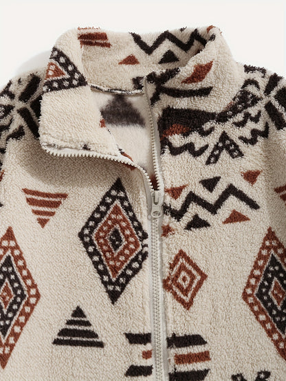 Aztec Pattern Fuzzy Jacket, Casual Zip Up Outwear For Winter & Fall, Women's Clothing