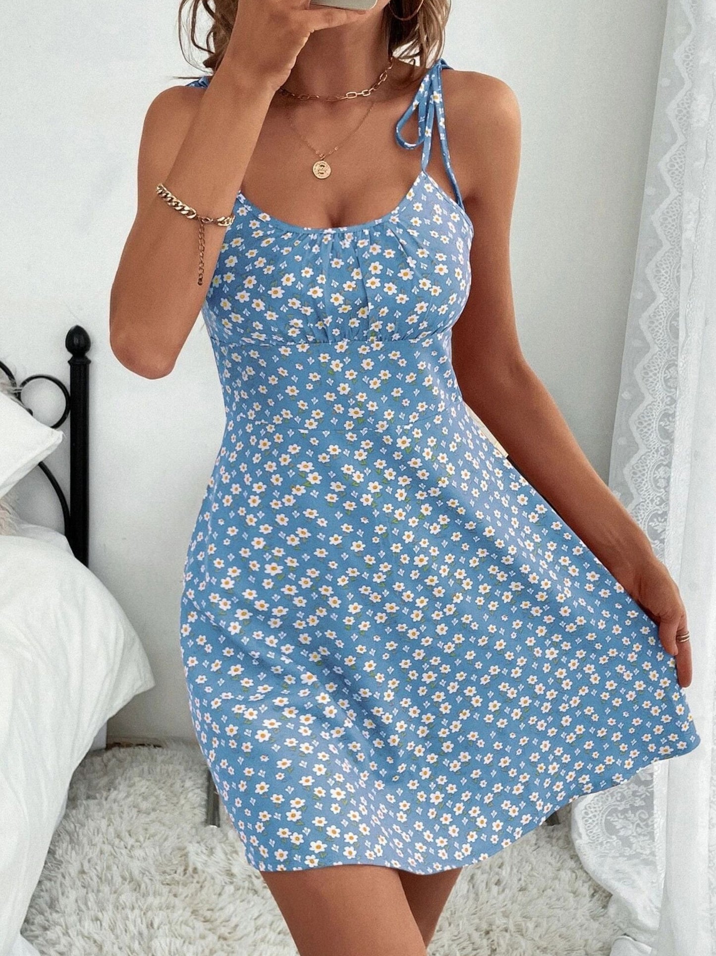 Floral Print Cami Dress, Vacation Sleeveless Ruched Summer Dress, Women's Clothing