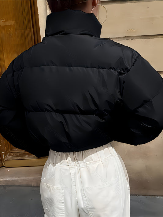 [Warm Puffer Jacket] Warm Women's Puffer Jacket | Cropped, Long Sleeve, Solid Color Black, Nylon Outerwear with Drawstring & Zipper, Machine Washable, Glossy Finish, Fashion Commute Style, Winter Jacket