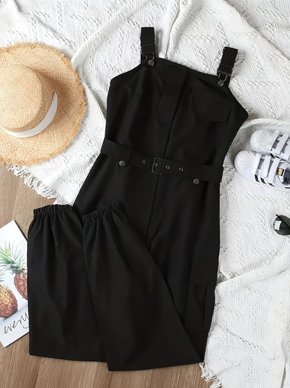 Solid Flap Pocket Belted Overall Jumpsuit, Casual Buckle Detail Loose Jumpsuit, Women's Clothing