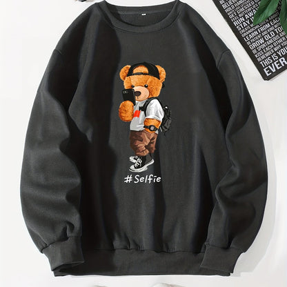 Men's Cartoon Bear Selfie Print Casual Round Neck Pullover Sweatshirt