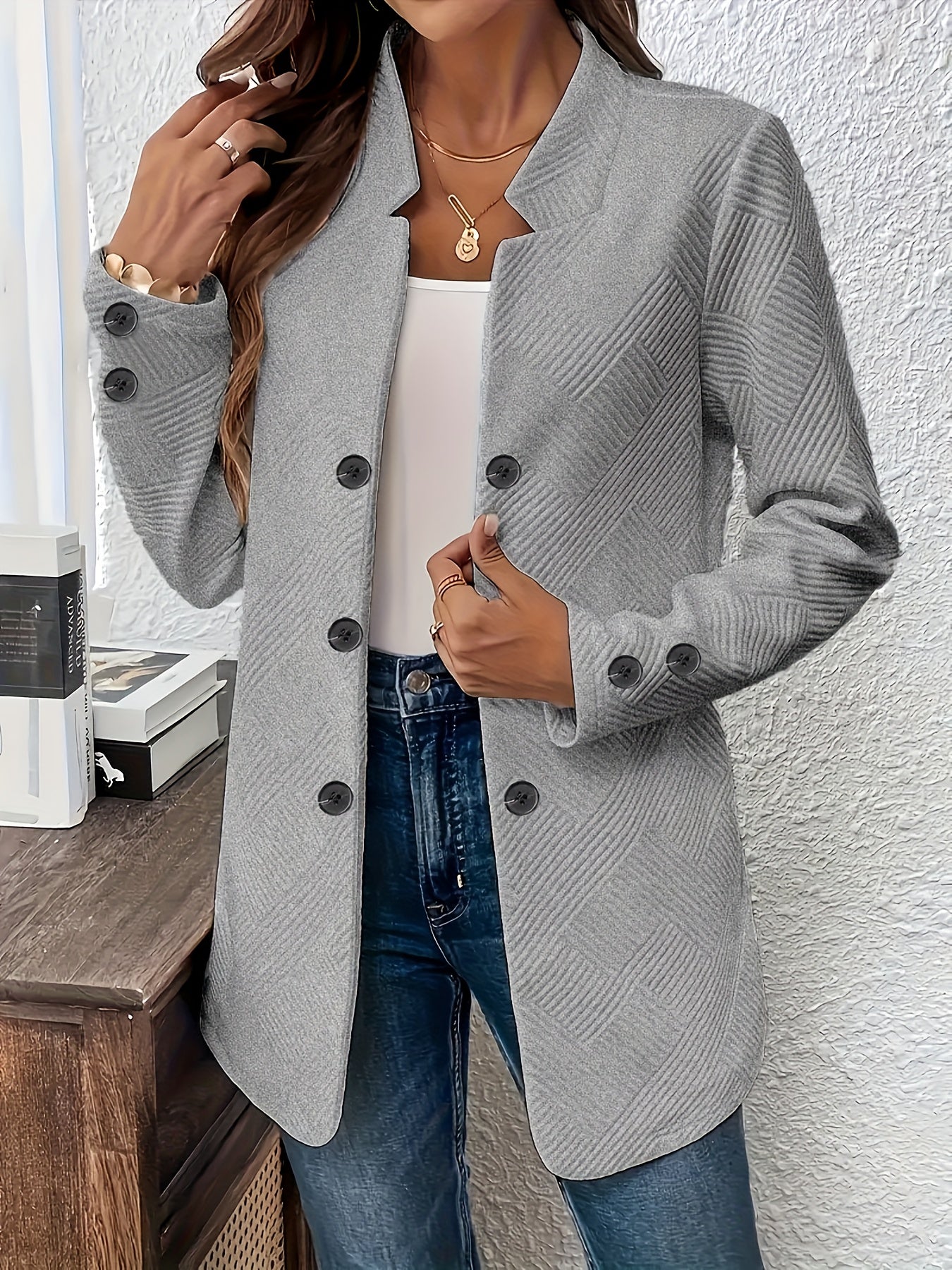 Women's Casual Solid Color Double-Breasted Long Sleeve Jacket with Pockets, Polyester Knit Fabric, Open Front Collar - All Seasons, Allseason Jacket | Doublebreasted Jacket | Stylish Jacket