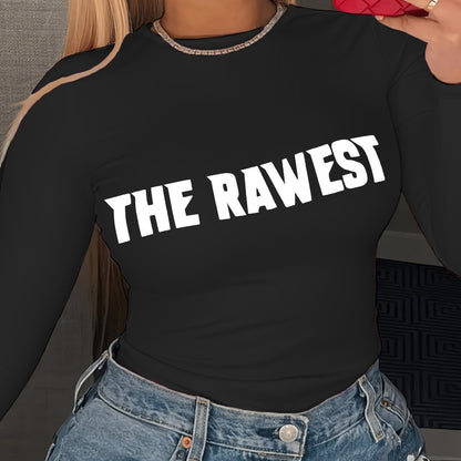 Women'S Casual Crew Neck Long Sleeve Blouse, Polyester Knit Fabric, with "THE RAWEST" Letter Print, for Spring/Fall
