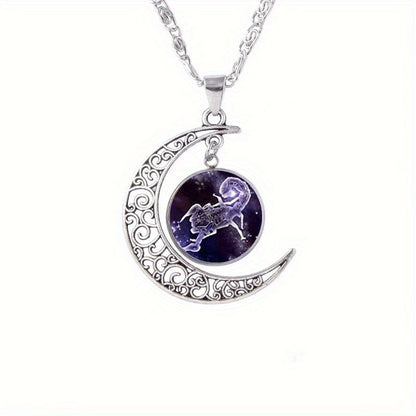 Twelve Zodiac Constellations Moon Phase Necklace - Timeless Gemstone Pendant with Adjustable Chain - Unique Personality Jewelry and Birthday Gift Idea for Women and Girls