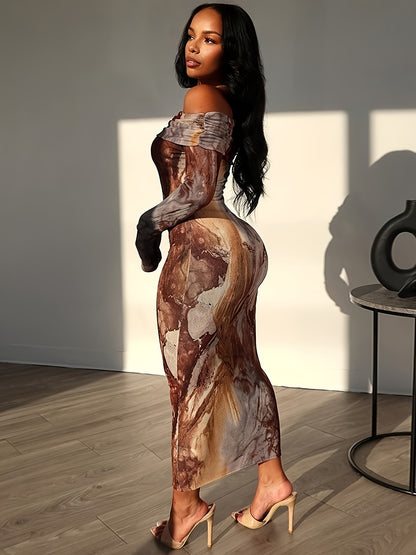 Tie Dye Off Shoulder Dress, Elegant Long Sleeve Bodycon Dress For Party & Club, Women's Clothing Wedding occasion engagement party ceremony