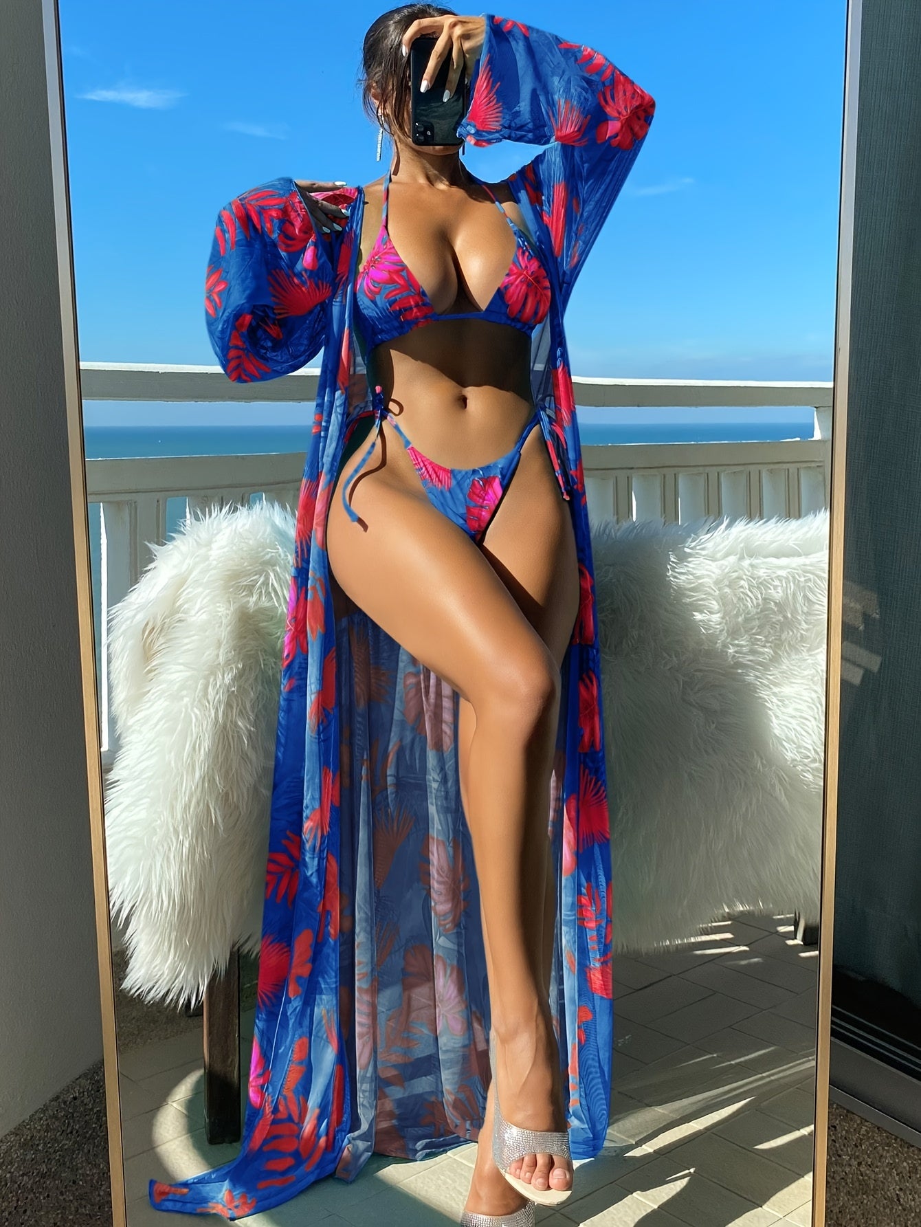 3 Piece Leaf Print Ruffled Tie Back Triangle Bikini Set - Stylish Women's Swimwear with Cover Up, Comfortable and Flattering Design - Perfect for Beach and Pool Time