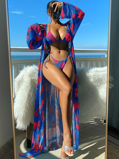 3 Piece Leaf Print Ruffled Tie Back Triangle Bikini Set - Stylish Women's Swimwear with Cover Up, Comfortable and Flattering Design - Perfect for Beach and Pool Time