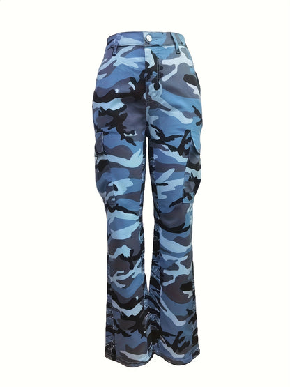 Fashionable High Waist Camouflage Cargo Jeans - Sleek Straight Fit with Medium Stretch & Stylish Flap Pockets - Trendy High Rise Denim Pants for Women