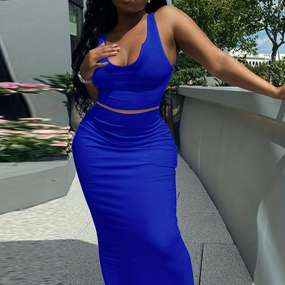 Trendy Two-Piece Set - Sexy Scoop Neck Sleeveless Tank Top & Flowy Bag Hip Maxi Skirt Outfit - Comfortable, Versatile, and Chic Women's Clothing for Everyday Wear