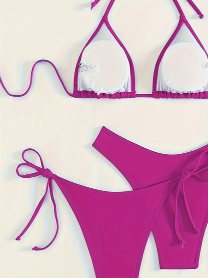 Solid Color 3 piece Set Bikini, Halter Neck Backless Swimsuits, Women's Swimwear & Clothing