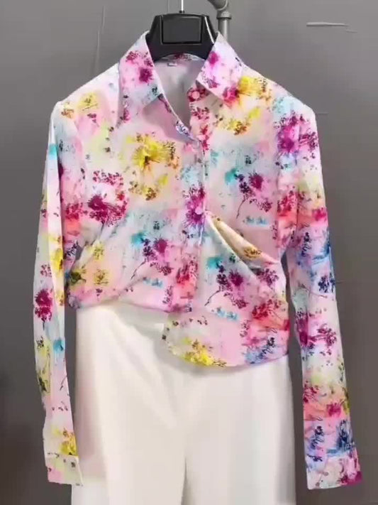 Chic Tie-Dye Print Long Sleeve Shirt for Women - Casual Button-Up with Collar, Versatile Polyester Blouse for All Seasons