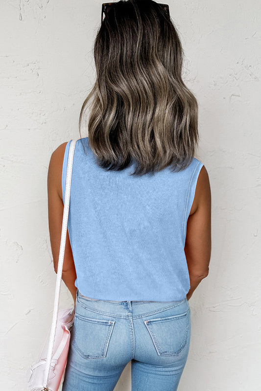 Beau Blue Mineral Wash Patched Chest Pocket Casual Tank Top