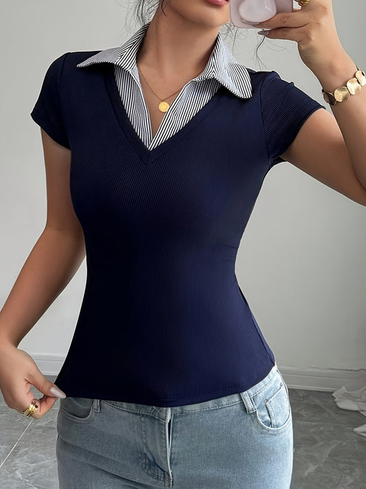 Women'S Navy V-Neck Short Sleeve Blouse with Contrast Collar - Stylish Two-Tone Design, Perfect for Casual Attire, Casual Attire Blouse | Contrast Collar Shirt | Ribbed Texture