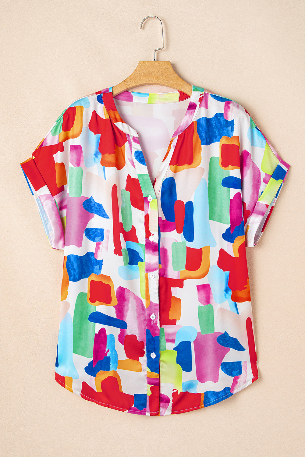 Colorful Brush Stroke Printed Plus Size Button Split Neck Blouse