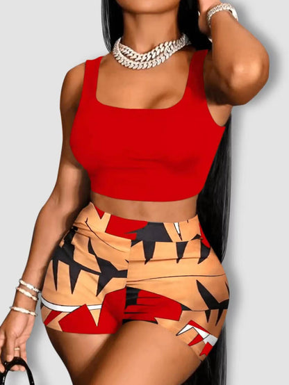 Womens Hawaii Beach Vacation Set - Vibrant Numerical Print Tank Tops & Shorts, 2-Piece Comfortable Ensemble for Stylish Holiday Wear